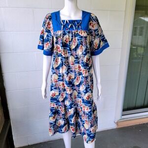 Karyl Kaye Dress Floral Blue Women 14 Vintage 80s Hawaiian Coagecore Retro